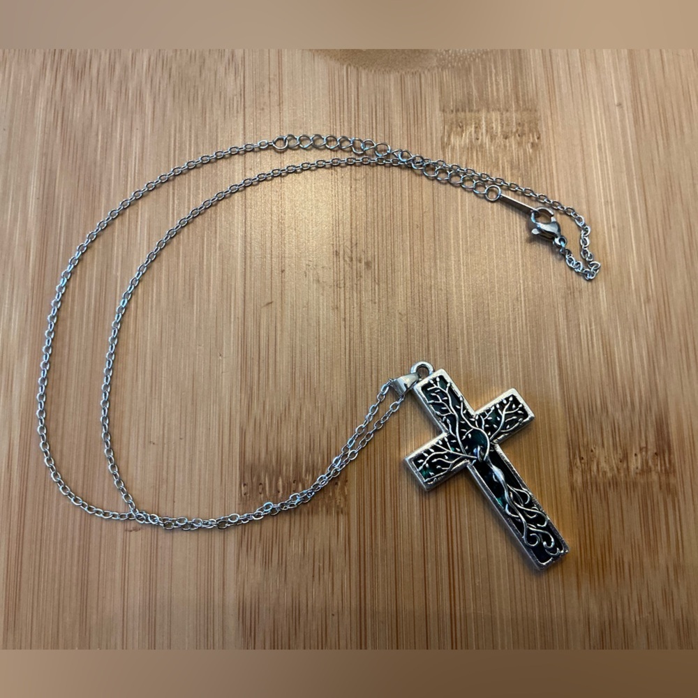 Silvery Filigree Crucifix Pendant Necklace, 24”